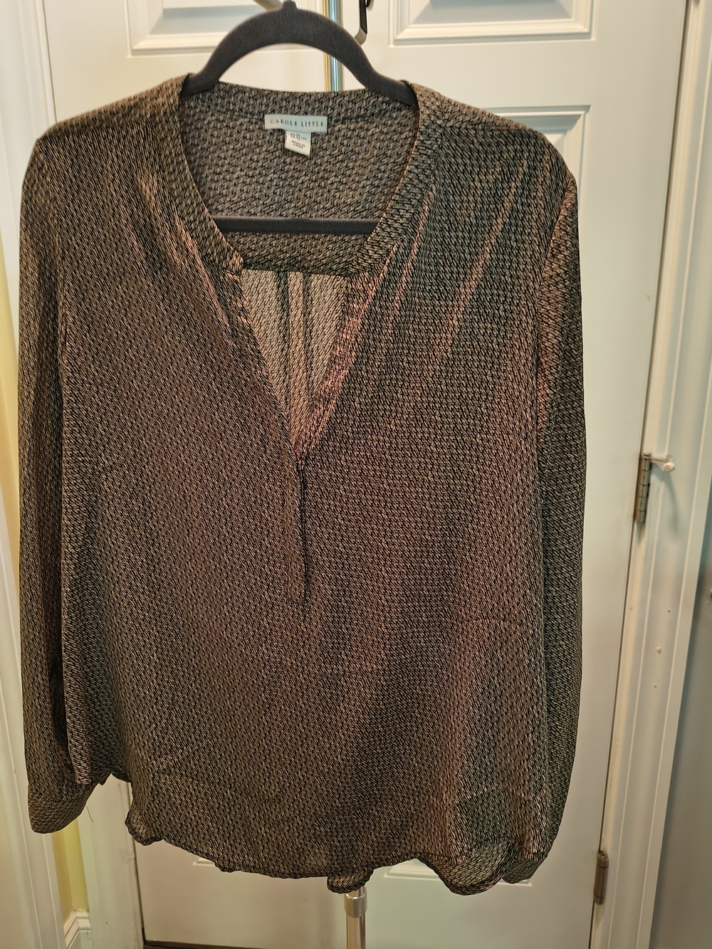 Carole Little Shimmery Bronze V-Neck Long-Sleeve Blouse